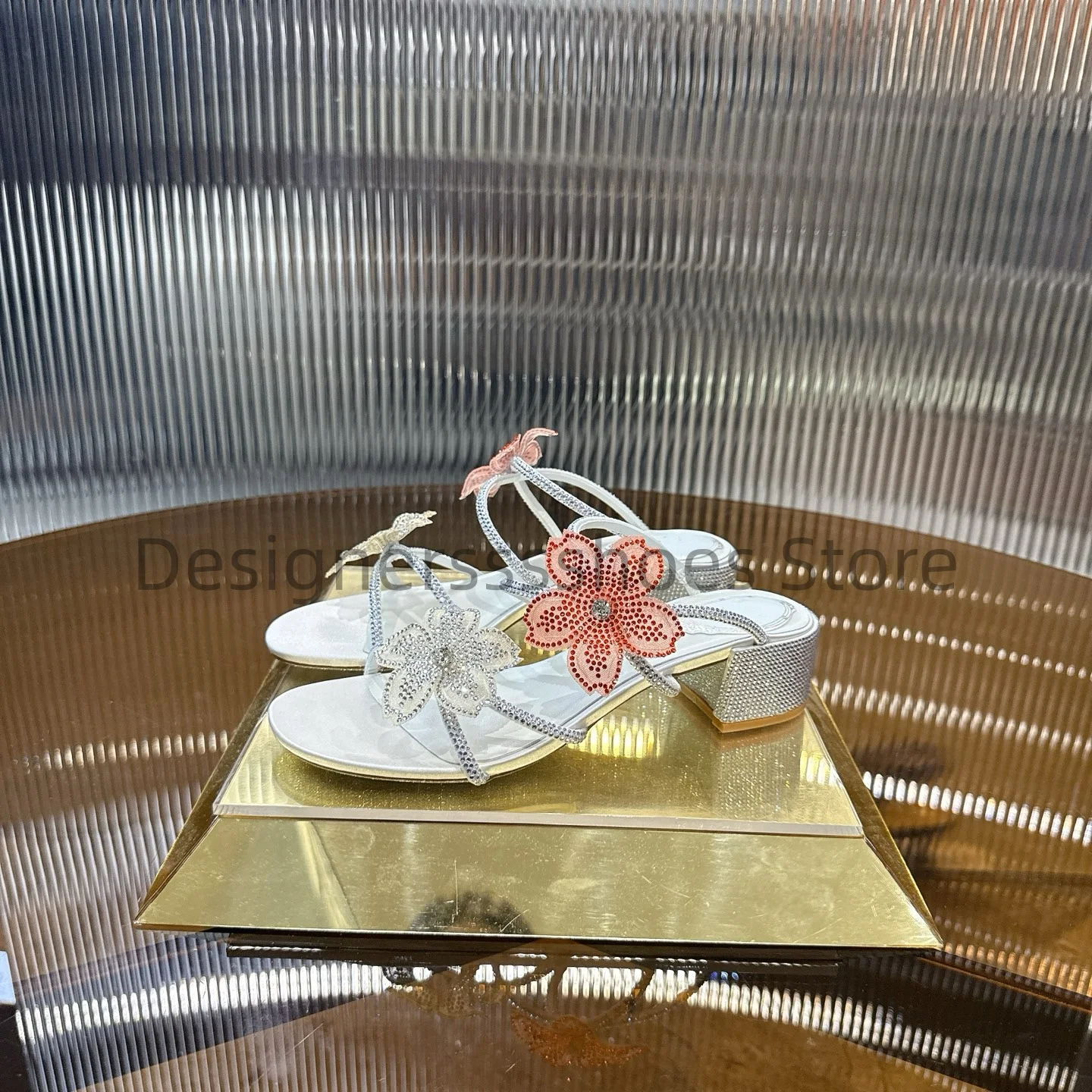 Open Toe Floral Rhinestone Mid Block Heel Slides Pearly Sheepskin Lining Silver Leather Outsole