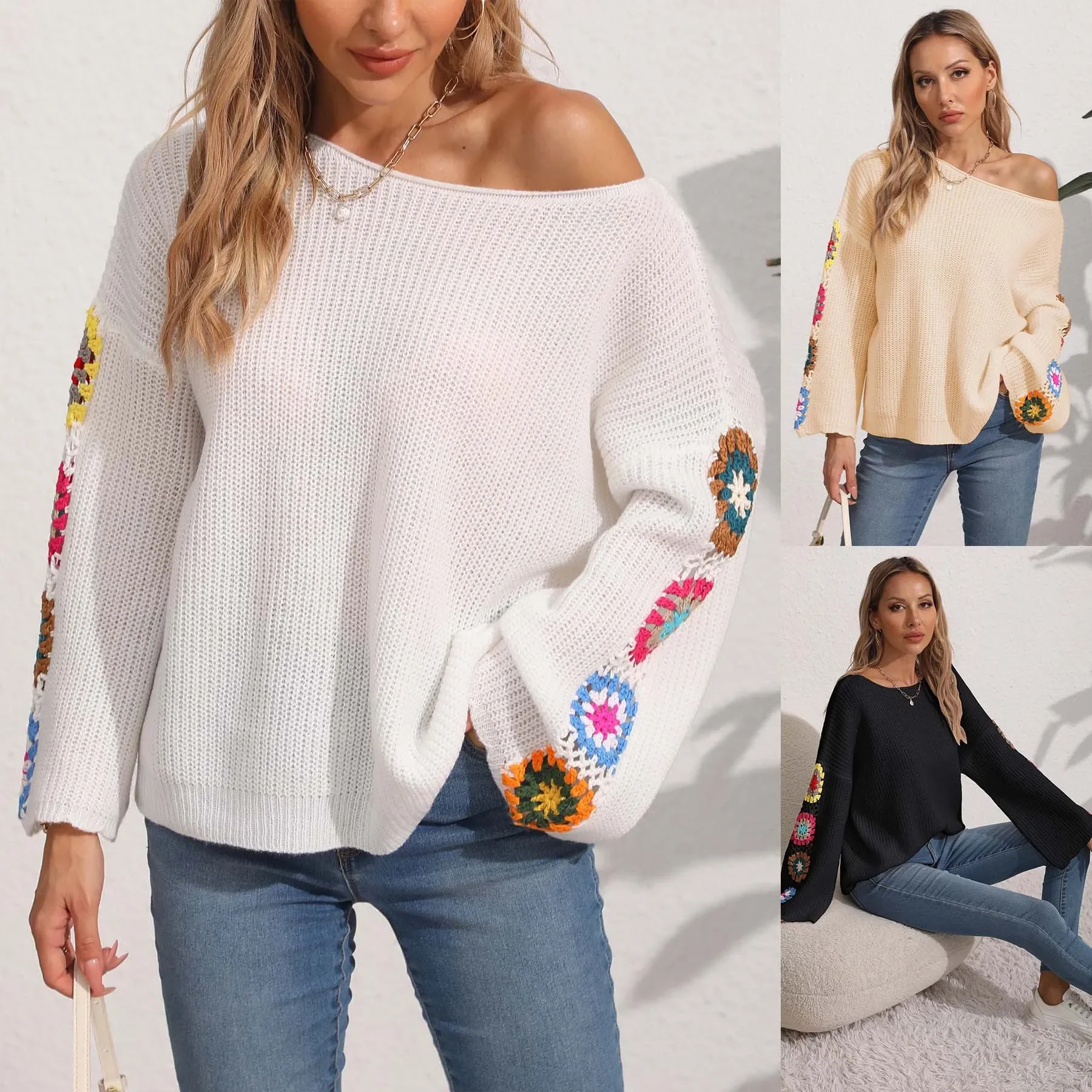 

Women Pullover Autumn Women's Clothing One Collar Off Shoulder Loose Sweater Korean Fashion M