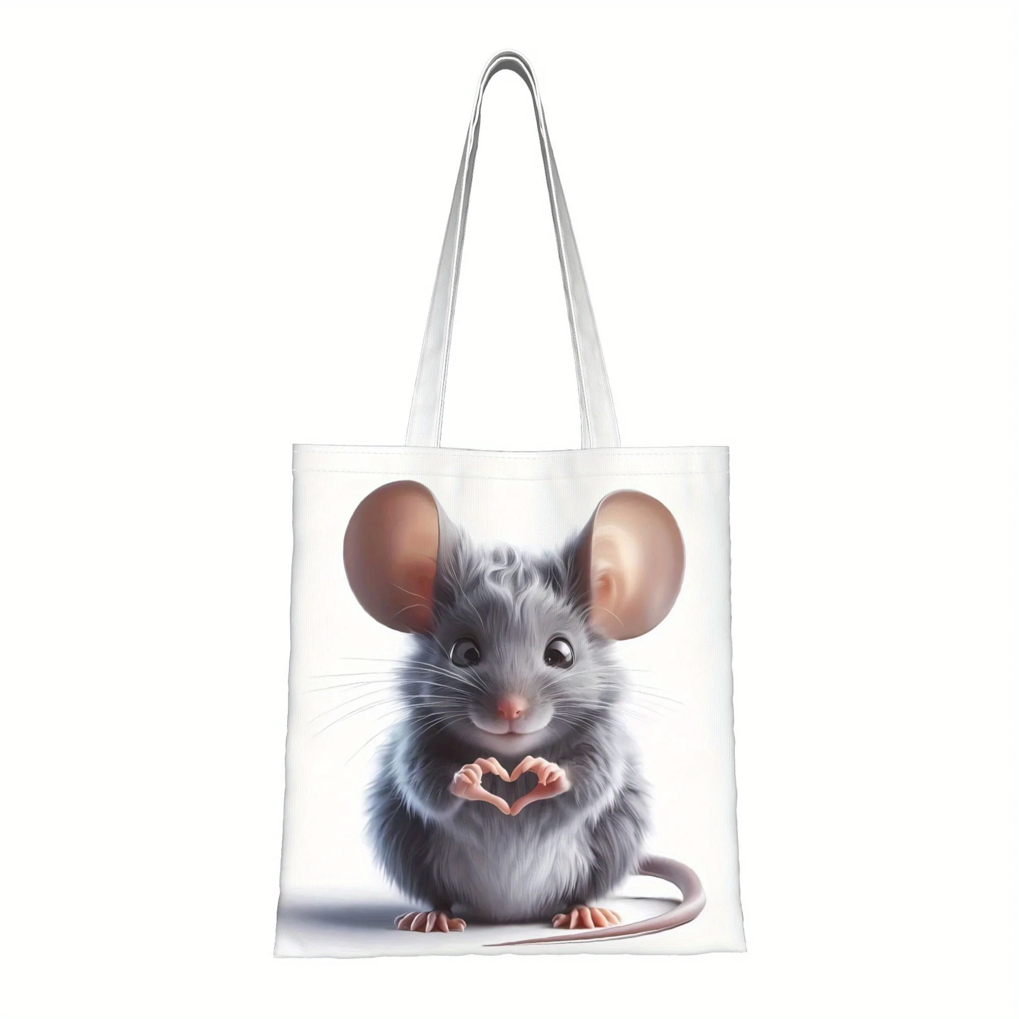 1pc Heart Hand Little Mouse Print Tote Bag, Reusable Shoppin