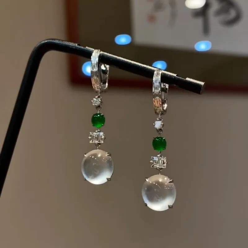Simple natural ice-clear chalcedony round earrings for women light luxury new in classic Chinese style earring banquet jewelry