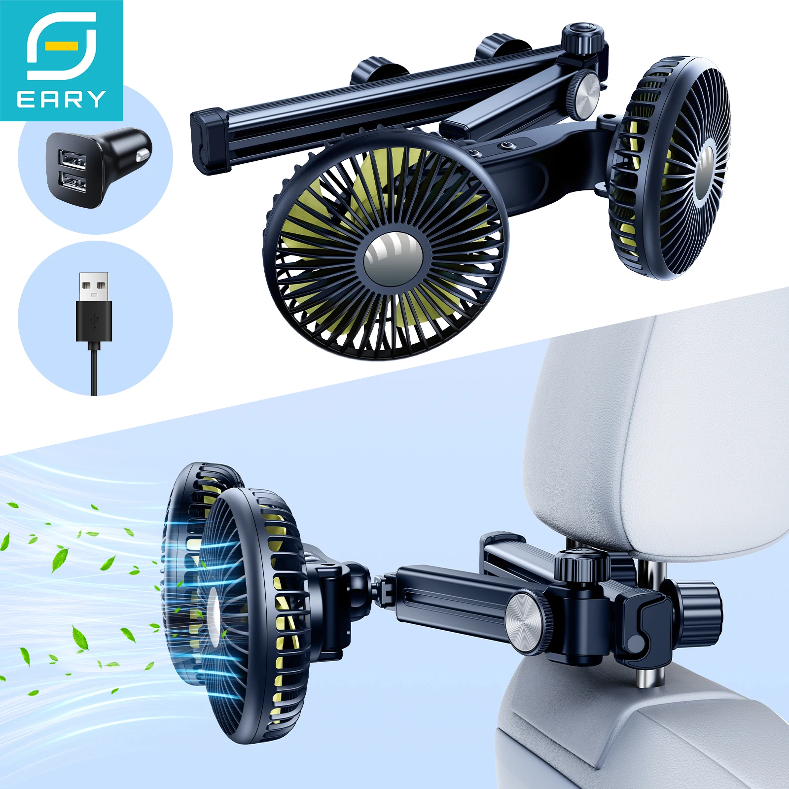 Eary Car Dual Head Fan Mount for Back Seat Headrest Air Cooler Fan With 2 Hooks Long Arm Adjustable 3 Speeds For Truck SUV Sedan