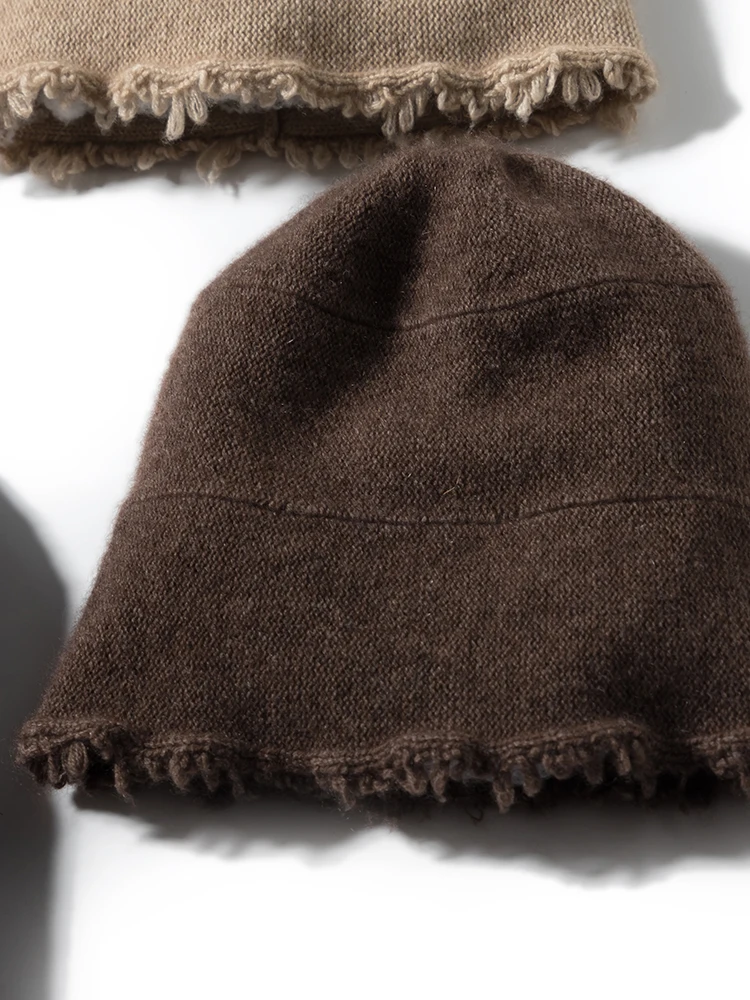 Mens Unisex Autumn Winter Cashmere 35% Cap Knit Bell Hat Broke Hem Warm Tassels Beanie Wool Rough Edge Bucket Hat Black Brown