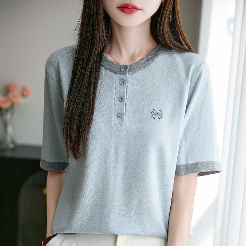 

2025 summer new women's round neck patchwork top fashionable knitted wool thin short sleeved T-shirt