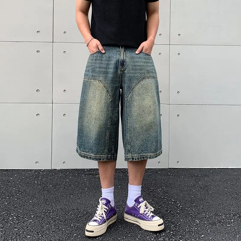 

New High-end Denim Shorts for Men Y2K Spring Summer Loose Versatile Trendy Brand Casual Denim Shorts High Street Wide Leg Jeans
