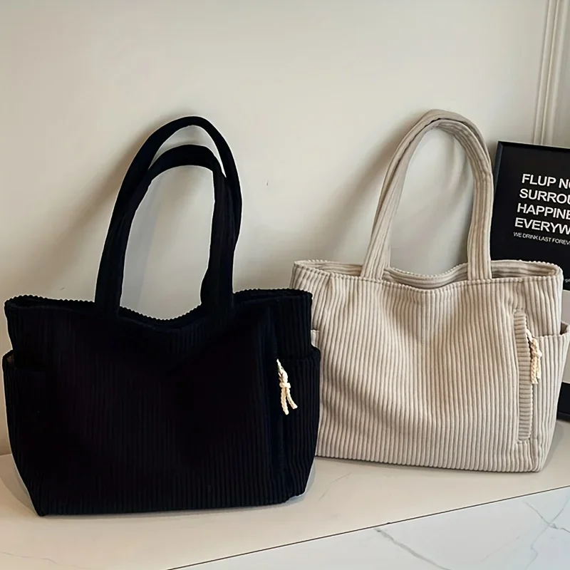 Leichte Cord-Handtasche mit großem Fassungsvermögen und Reißverschluss, einfarbige lässige Umhängetasche für den täglichen Pendelverkehr – Detail 6