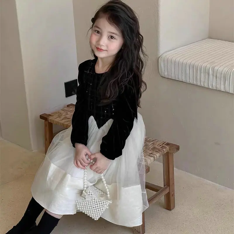 

Spring Girl's Dress Sweet Mesh Dress Princess Dress 2023 Autumn Dress New Fashionable And Simple Children'S Long Sleeved Dress