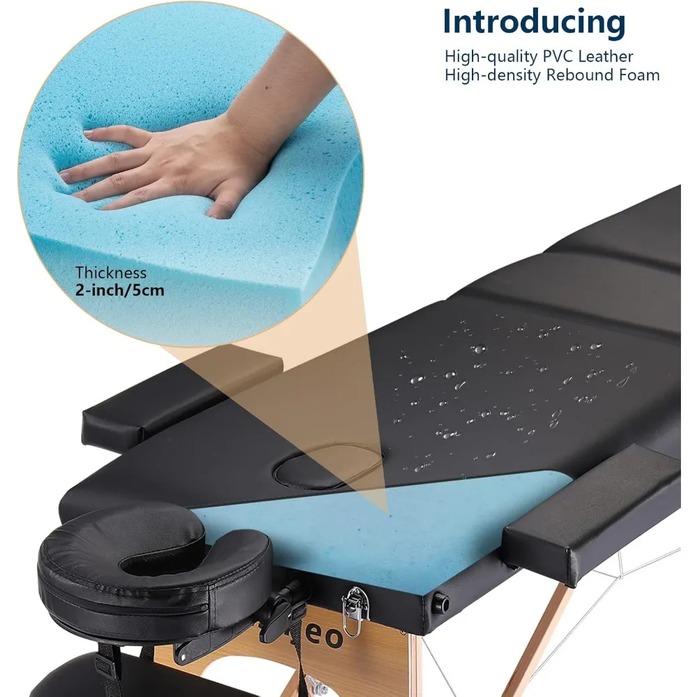 Portable Massage Table Massage Bed Professional SPA Reiki Eyelash Salon Bed, Wooden Frame Height Adjustment & Accessories