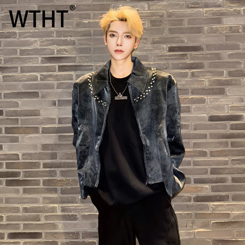 

WTHT модные мужские кожаные дизайнерские пальто с заклепками, модные свободные куртки в американском стиле, мужские куртки 2023, осень 2A2119