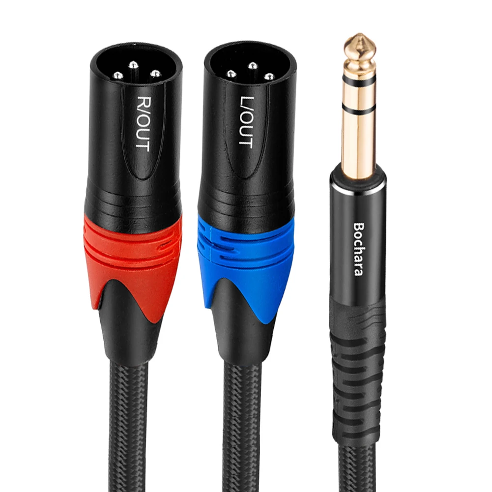 Bochara Braided 1/4'' 6.35mm TRS Stereo Jack to Dual XLR Male OFC Audio Cable Foil+Braided Shielded for Speakers