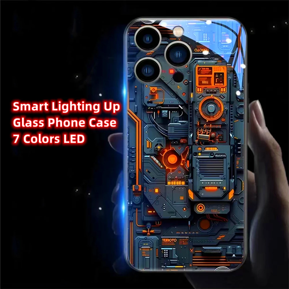 

Cool PCB Structure Smart LED Light Glow Tempered Glass Phone Case For iPhone 15 14 13 12 11 Pro Max X XR XS Plus 6 7 8 SE2020