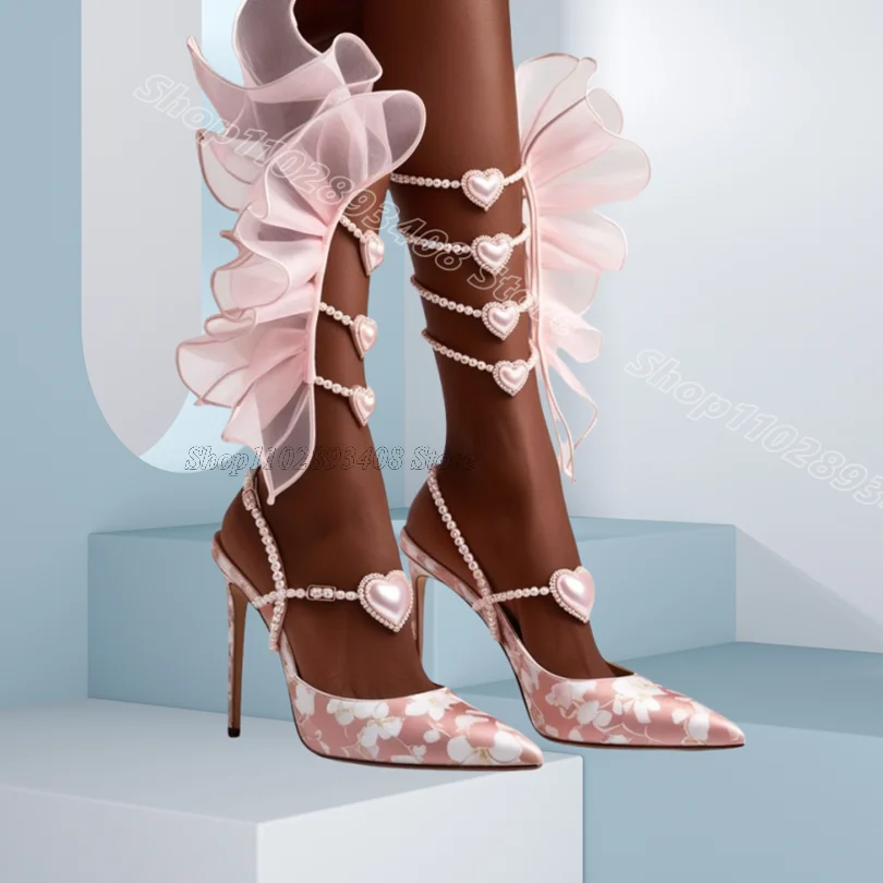 

Pink Lace Trim Pearl Decor Pumps Silk Slingback Round Toe Sweet Style Spring Women Party Casual Shoes 2024 Zapatos Para Mujere