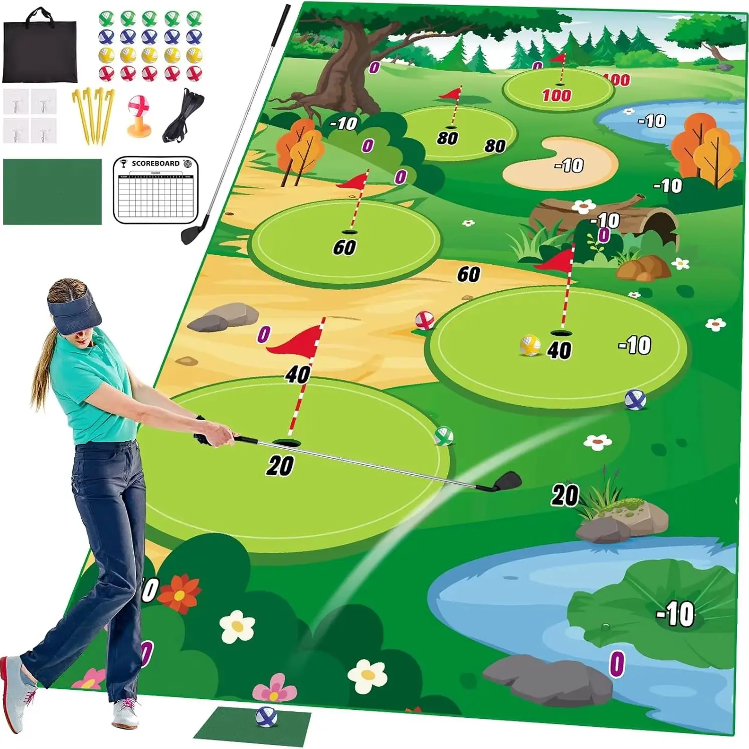 VATOS Golf Chipping Game Mat with Club Practice Training Indoor Outdoor Hitting Mat 20-Balls for Kids Adults Play Stick Chip Set