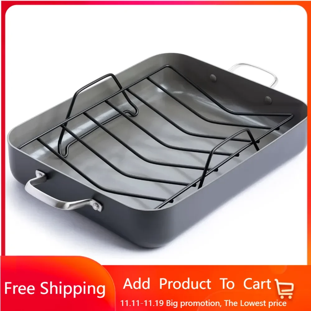 Chatham Antiadherente de cerámica saludable anodizada dura, bandeja para asar de 16" x 13" con rejilla para asar, sin PFAS, apto para lavavajillas