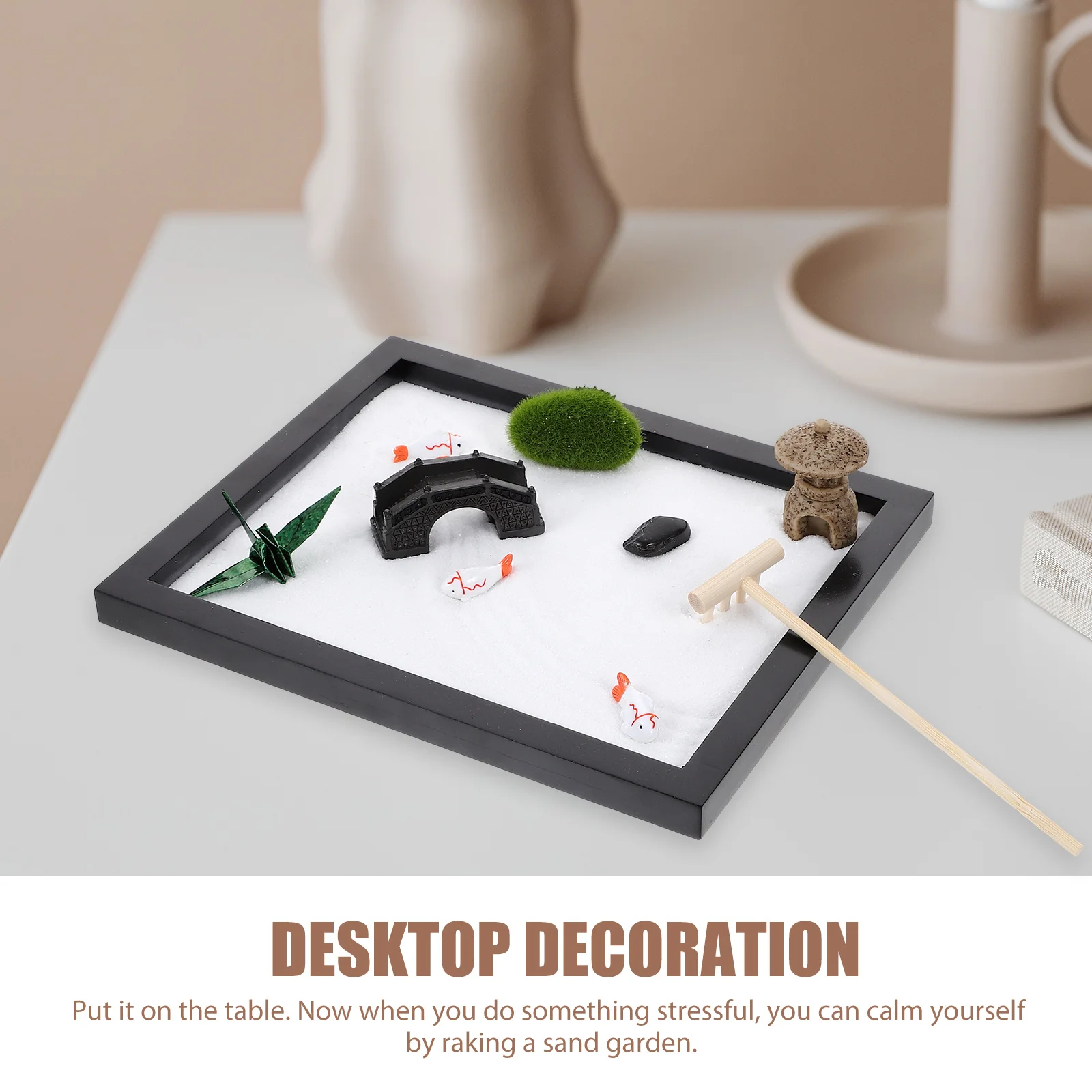 Miniature Zen Garden Black Beach Sand Kit Desktop Decoration Sand Rakes Rocks Relaxation Zen Garden Miniature Landscape