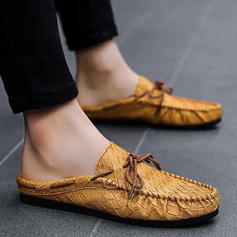 Men's Korean Style Backless Slip-On Leather Casual Shoes Fashionable Versatile Mules for Easy Wear