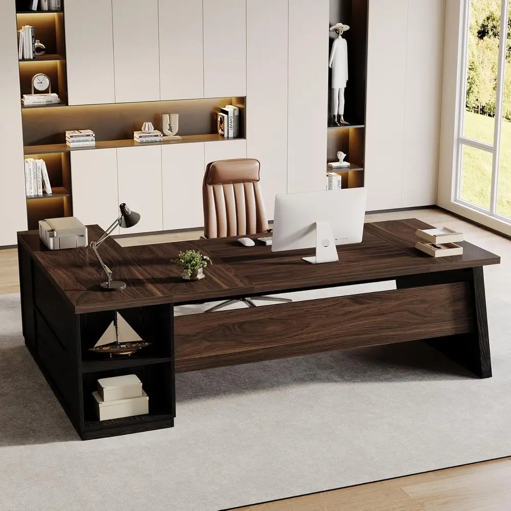 

Large L-Shaped Executive Desk with Storage, 77.9 Workstation for Home Office in Deep Brown and Black