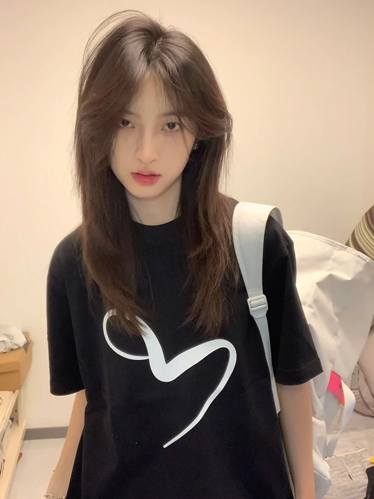 American Retro Street Love Heart T-Shirt Men Summer Small Collar Shoulder Short Sleeve Trendy Brand High Emotional Couple ...