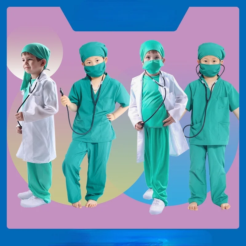 موضوع حفلة تنكرية تظهر دور اللعب المهنية معاطف للأطباء والممرضات الأبيض الأخضر دعوى تنورة طفل صبي فتاة تأثيري زي الهالوين