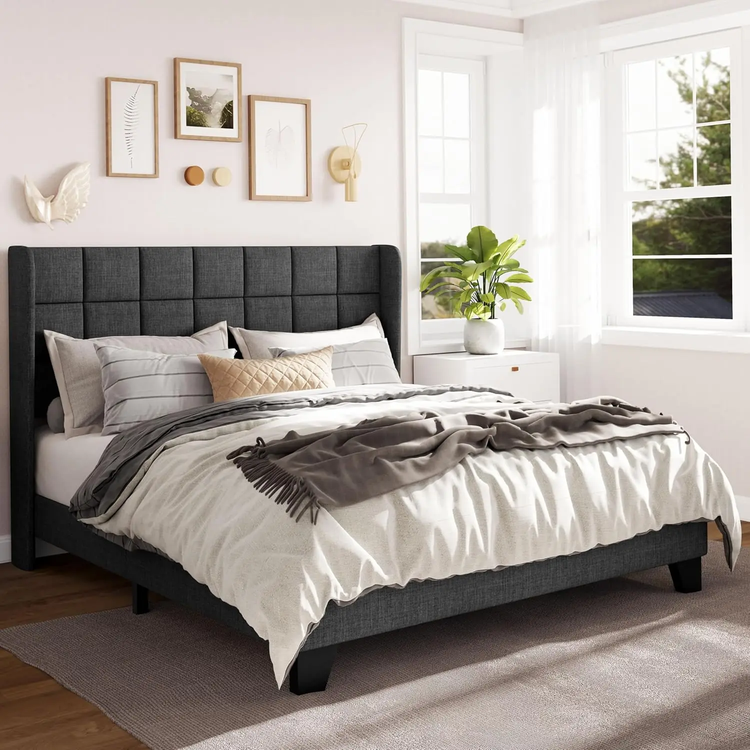 

Full Size Platform Bed Frame With Wingback, Fabric Upholstered Square Stitched Headboard And Wooden Slats, Mattr Foundation,