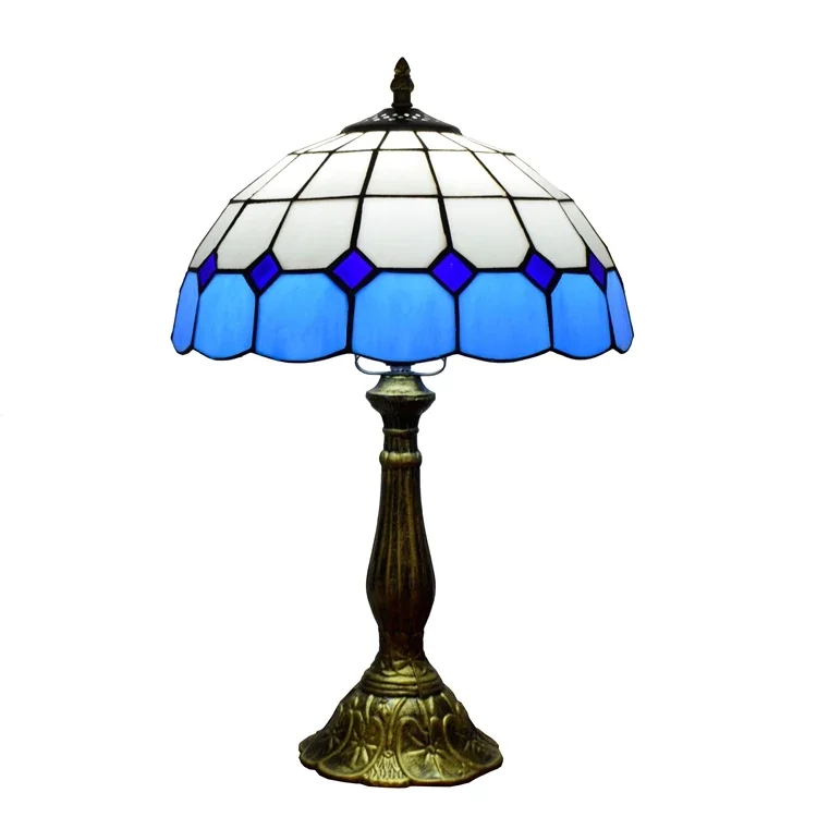 12 Inches Vintage Glass Base Style Stain Glass Decoration Blue Tifany Table Lamp Office Work Study Led Night Light