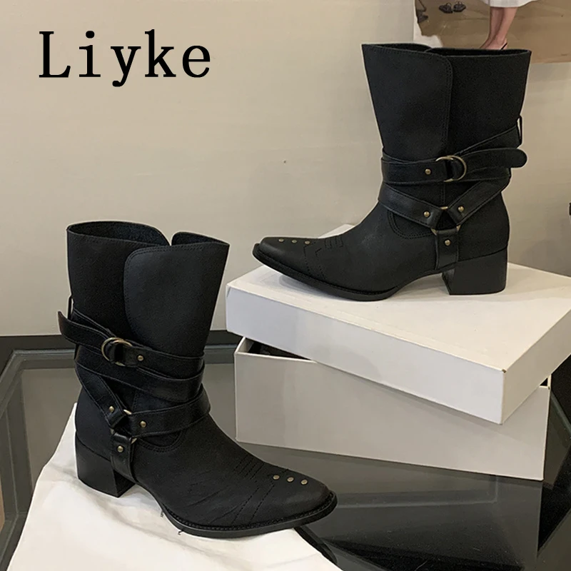 

Liyke винтажные женские рыцарские сапоги с заклепками, модные ботильоны с пряжкой на талии, ковбойские туфли на низком каблуке с острым носком и вышивкой