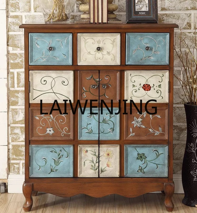 

American Country Shoe Cabinet European Style Hallway Chest of Drawers Vintage Mediterranean Painted Art Furniture