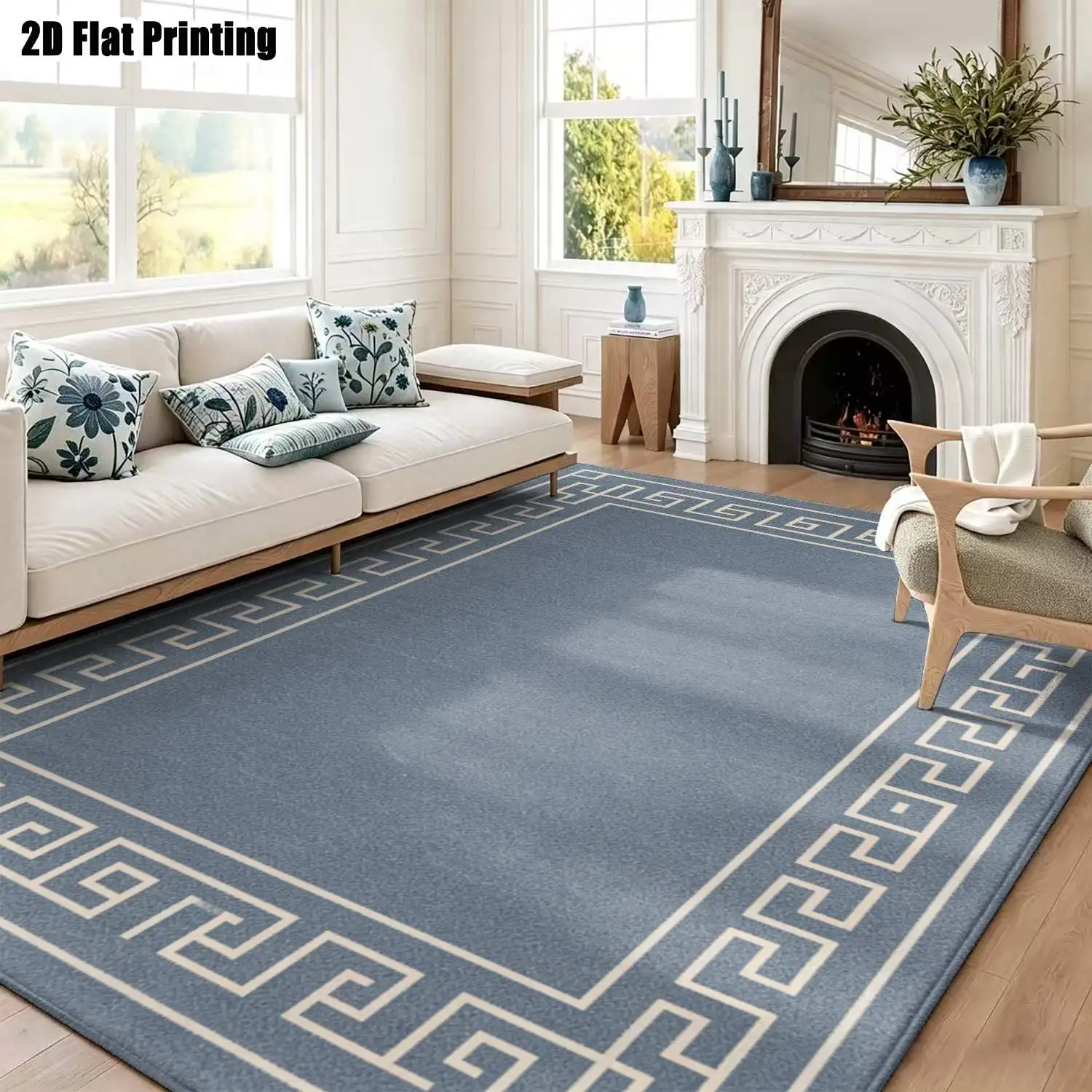 1Pc 2D Printed Carpet: Blue-Grey Herringbone Border, Vintage Geometric Minimalist Style, Machine Washable, Multi-Size, Ideal for Home Decor, Entryway/Dining Room/Bedroom/Living Room