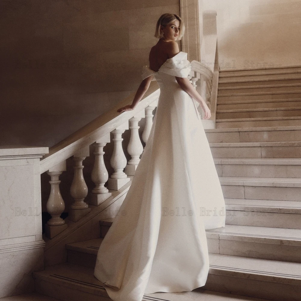 Vestido De Novia plisado con hombros descubiertos, traje elegante De satén con cuello Barco, longitud hasta el suelo, 2024