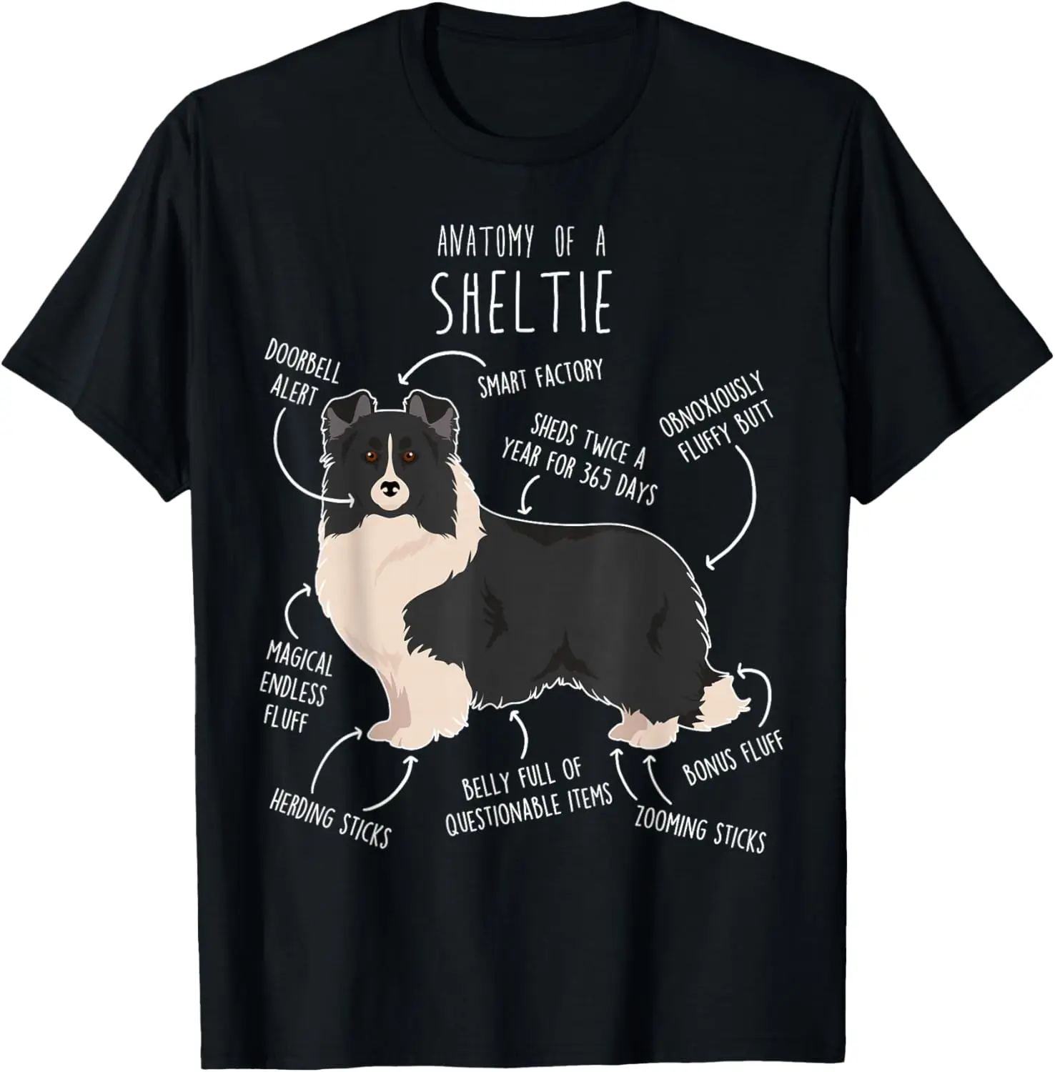 Camiseta gráfica divertida de Anatomy of a Sheltie Shetland Sheepdog, camiseta de manga corta de algodón transpirable para amantes de los perros