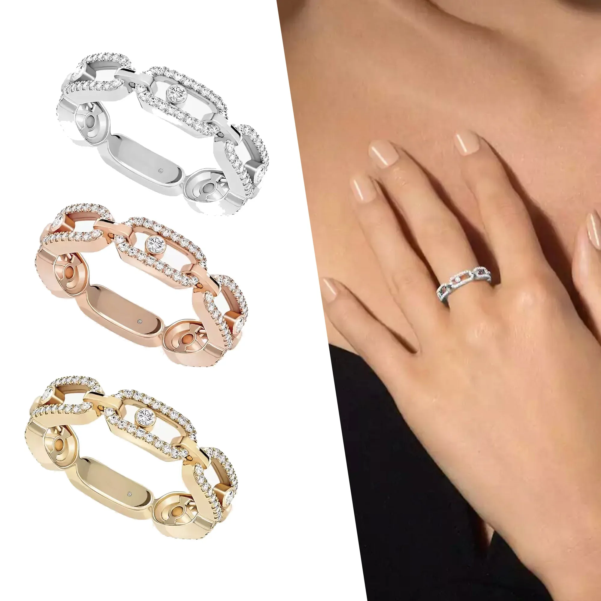 

GM Pure silver s925 elegant luxury 18k gold layered brand design MOVE LINK series banquet diamond women's ring