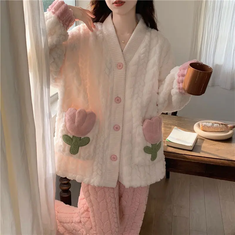 Sleepwear Women Autumn Winter Warm Pajamas Sets Long Sleeve Button Cardigan Loungewear Sets Kawaii Clothes Korean Loose Pajamas