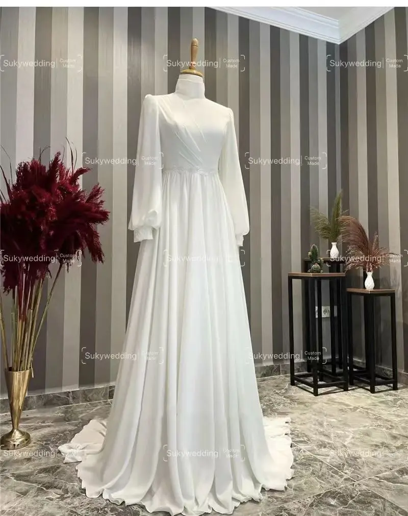 Elegant Chiffon Lace Muslim Wedding Dress for Bride Wedding Gowns Long Sleeves High Neck Islamic Hijab Bridal Gowns Customized