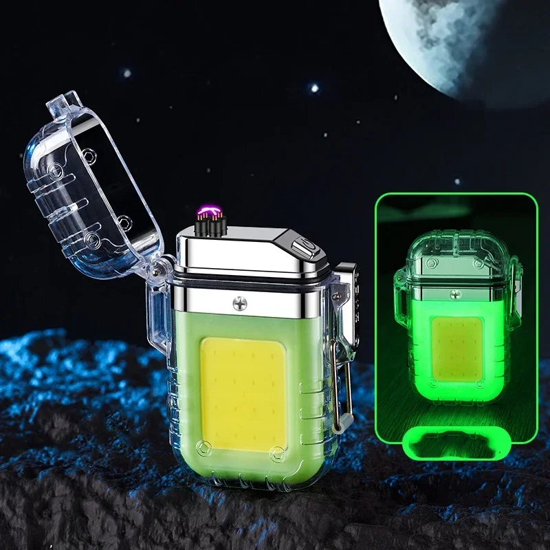 New Transparent Waterproof Lighter Windproof Lighter Plasma Double Arc Flashlight USB Rechargeable Outdoor Camping Lighter