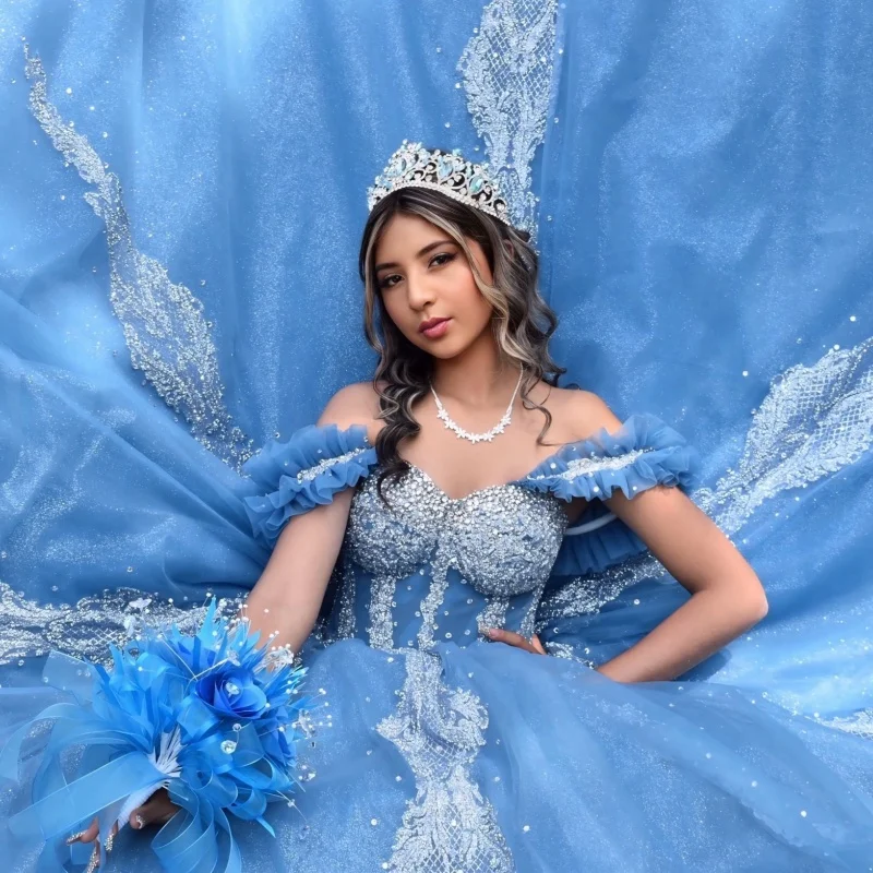 Blue Quinceanera Dress Silvery Glitter Crystal Decal Lace Ruffle Long tail off-shoulder Bow Vestidos De 15 Quinceanera ﻿Customiz