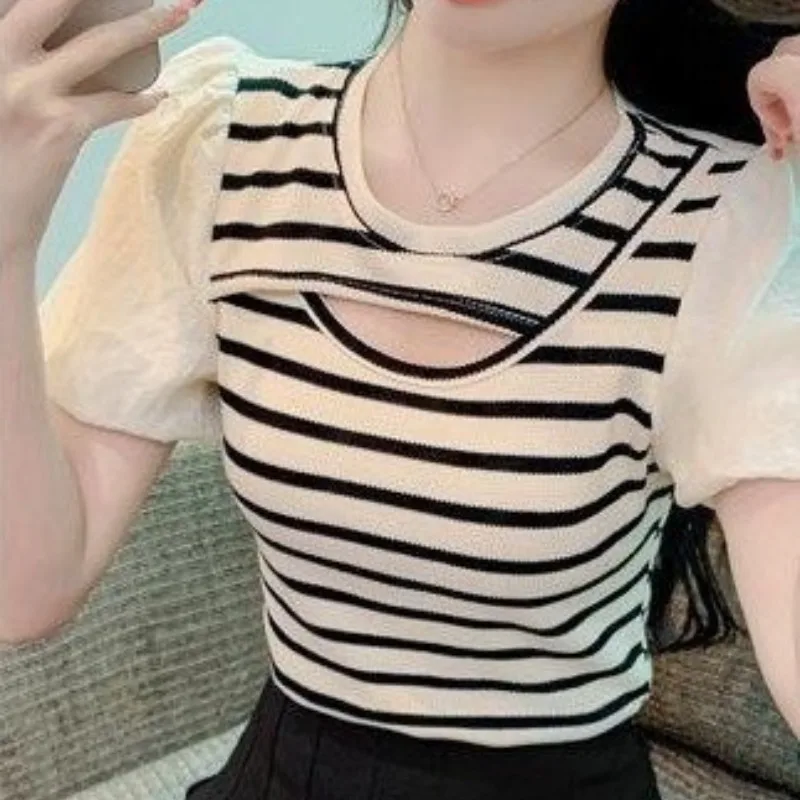 Women\'s Round Neck Summer Striped Puff Short Sleeve Screw Thread Contrast Color T-shirt Sweater Knitted Casual Elegant Tops