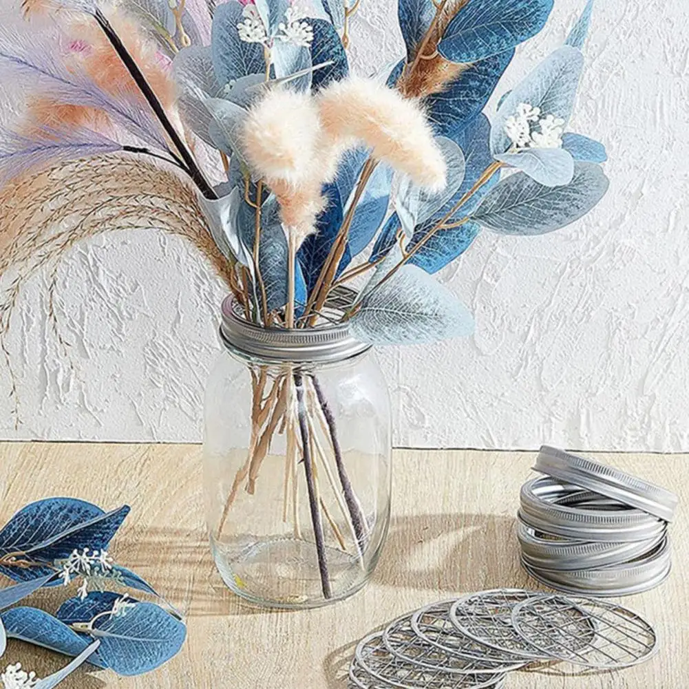 Metal Mason Jar Flower Lid Insert Wide Mouth Canning Jar Lid with Straw Hole Grid Organizer for Flowers Pens Toothbrushes