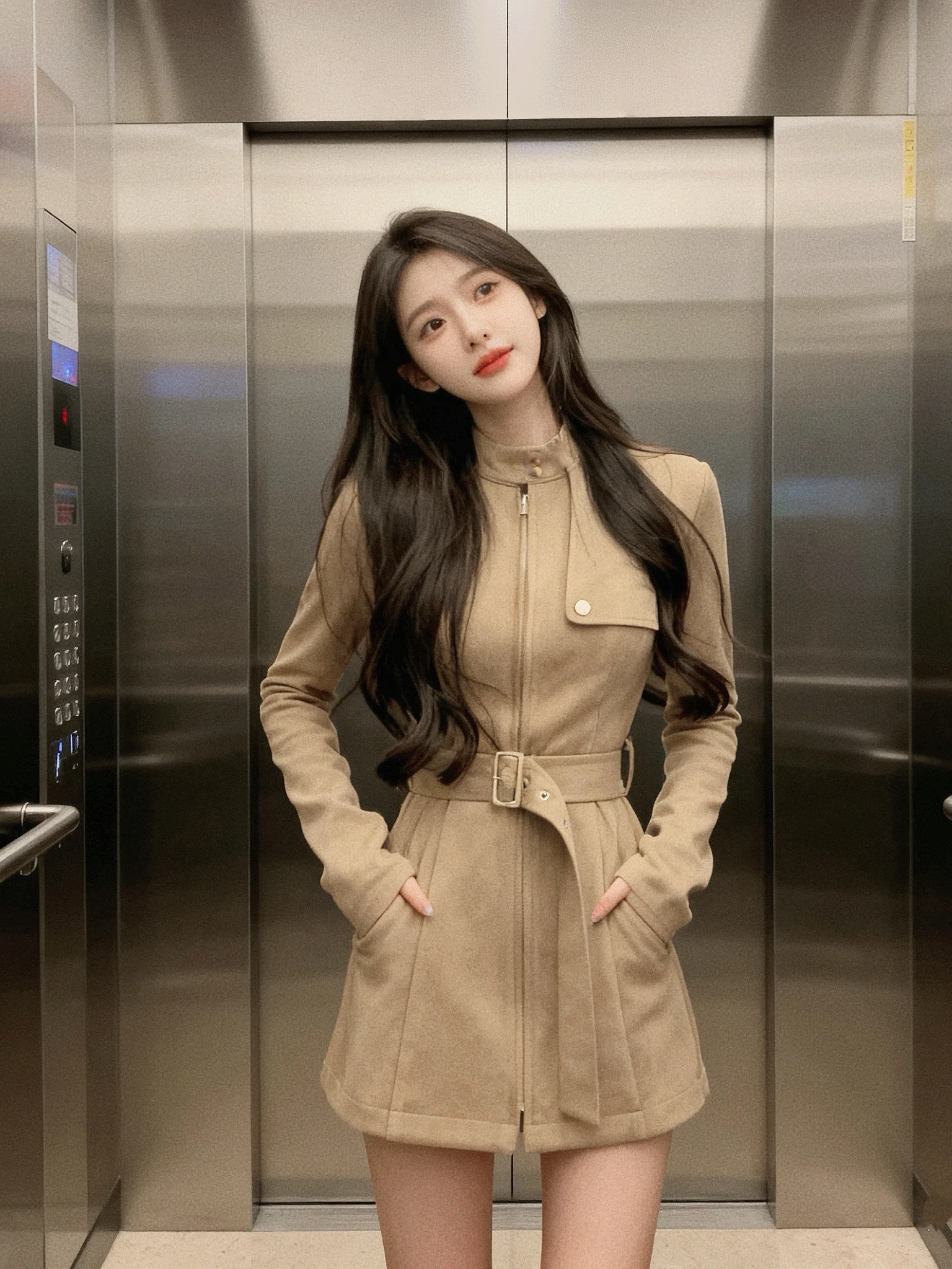 

Модный женский комплект из двух предметов: приталенное пальто с высокой талией и воротником-стойкой для осени и зимы, сохраняющее тепло