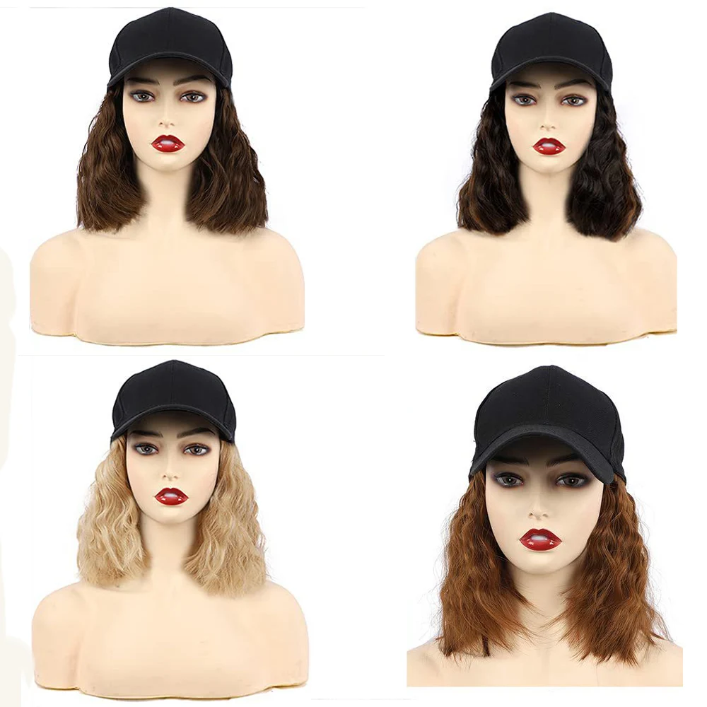 Adjustable Short Wavy Bob Hat Sythetic Wig For Women Hair Extensions Baseball Cap  High Temperature Fiber Water Wave Wig