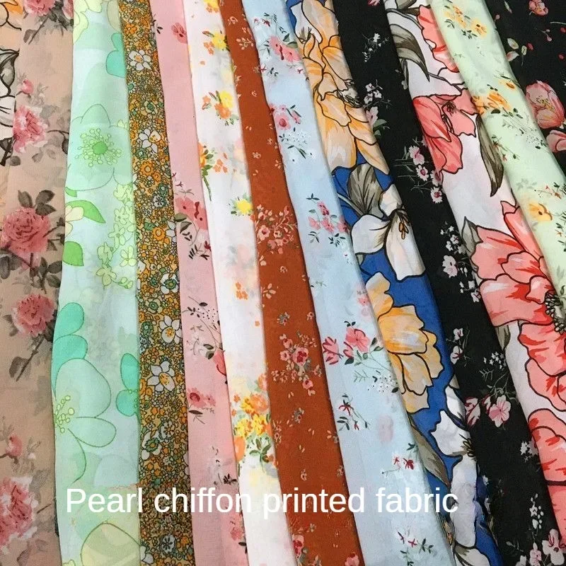 Micro-transparent Floral Pearl Chiffon Fabric By The Meter for Clothes Dress Shirt Diy Sewing Flower Printed Cloth Soft Black