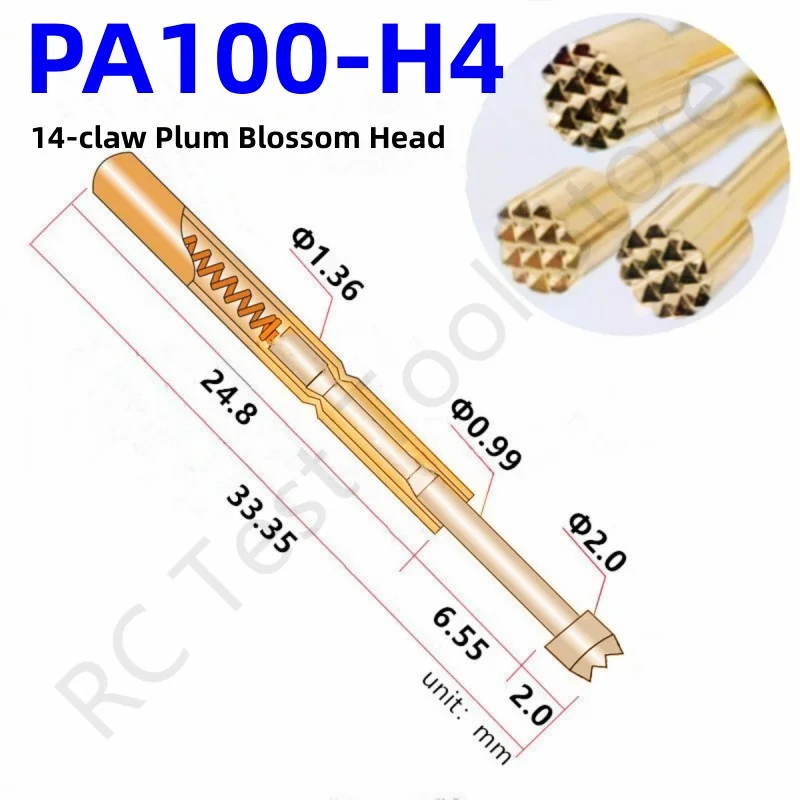 

100PCS PA100-H4 33.35mm 14-claw Plum Blossom Head Test Pin Dia 2.0mm Needle Spring Test Probe P100-H4 Test Pogo Pin P100-H