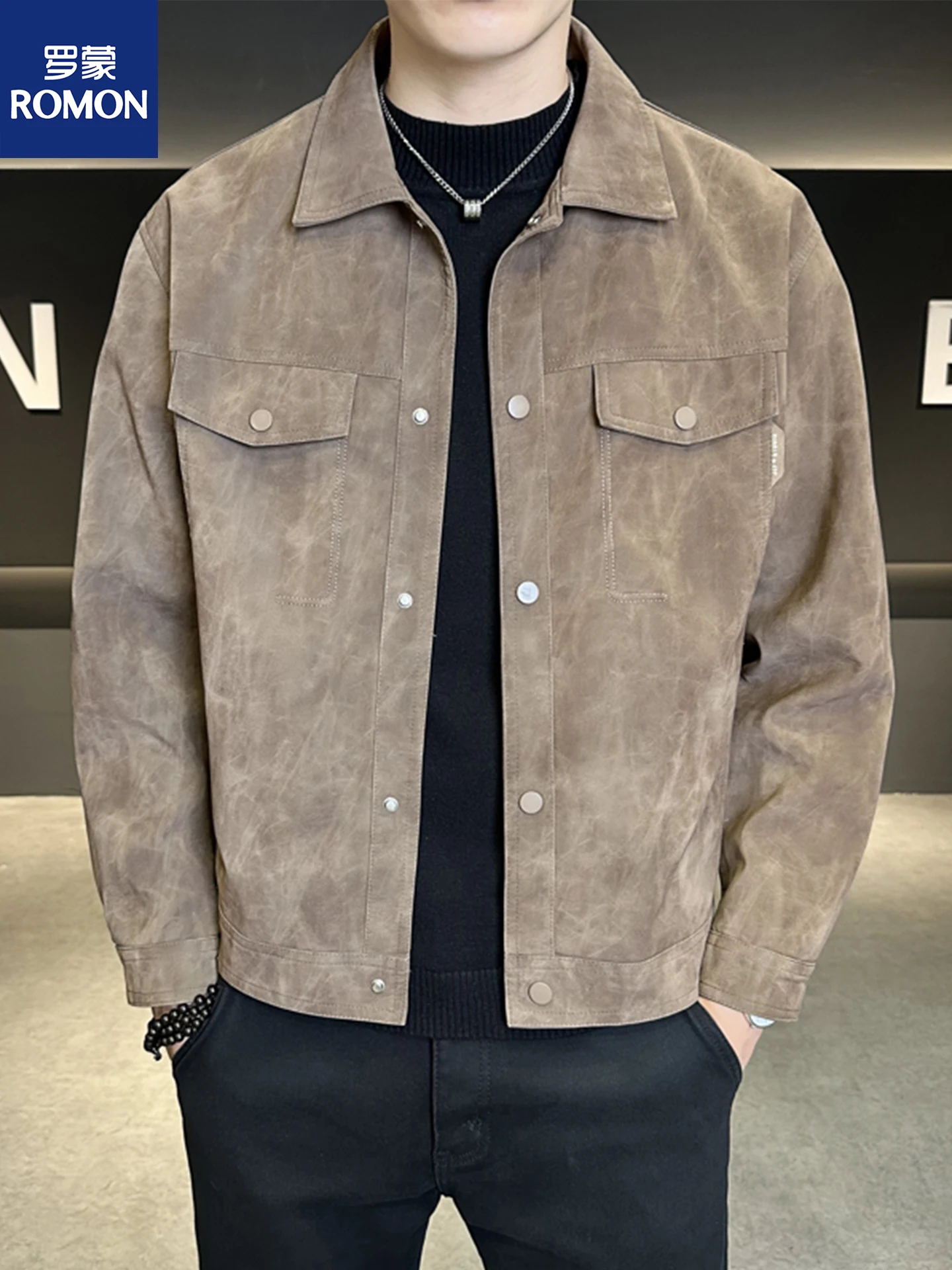 

Rn Men's Suede Jaet Spring Autumn 2025 New Sle Casual Faion American Flip Collar Trendy Coat Youth Long Sve