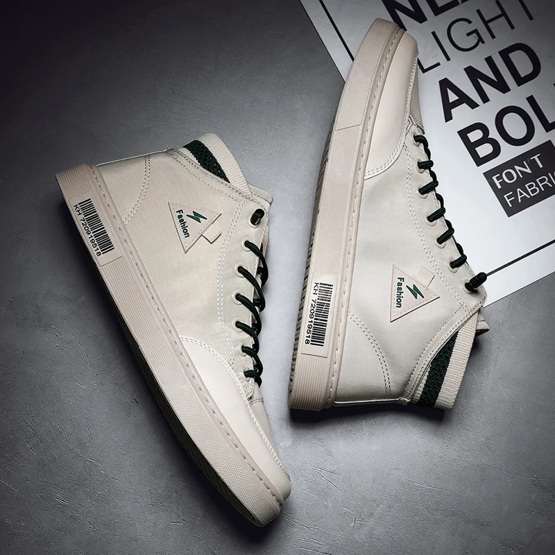 

Men's Canvas Board Shoes with Simple Color-blocked Mid-upper Four-season PU Leather Surface Wear-resistant Vulcanized Shoes