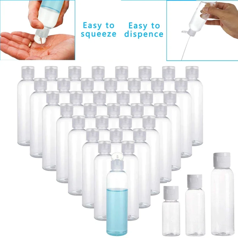 30Pcs Empty 5/10/20/30/50/60/100ml Mini Clear PET Plastic Bottles w/ Flip Caps Travel Container For Shampoo Conditioner Lotion