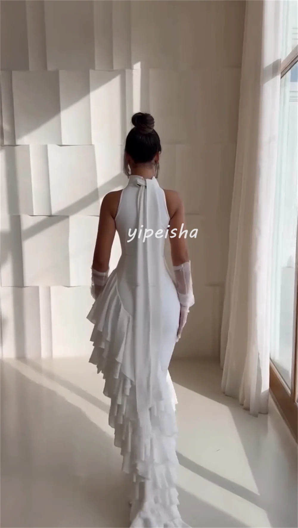 Customized Modern Style Pastrol Chiffon Ruched Ruffle Tiered Mermaid Scoop Neck Long Dresses Bespoke Occasion Dresses Exquisite image 5