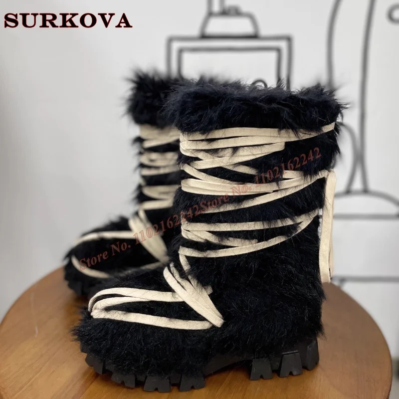 Winter Thick-Soled Straight Fur Boots For Women Round Toe Plus Velvet Anti-Slip Snow Boots Fashionable Cross-Strap Bare Boots