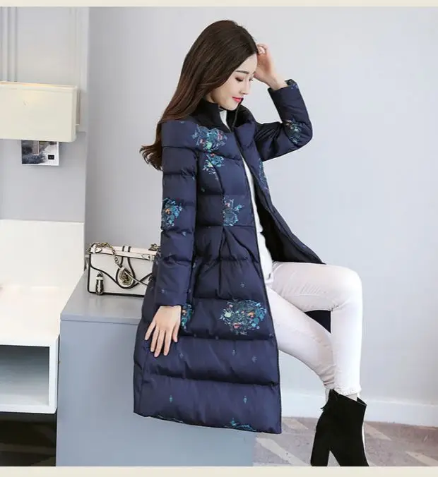 Cotton Jacket Women's Medium Long 2026 Winter New Korean Version Slim Print Thick Cotton Cloak Jacket Female Warm Parka Overcoat