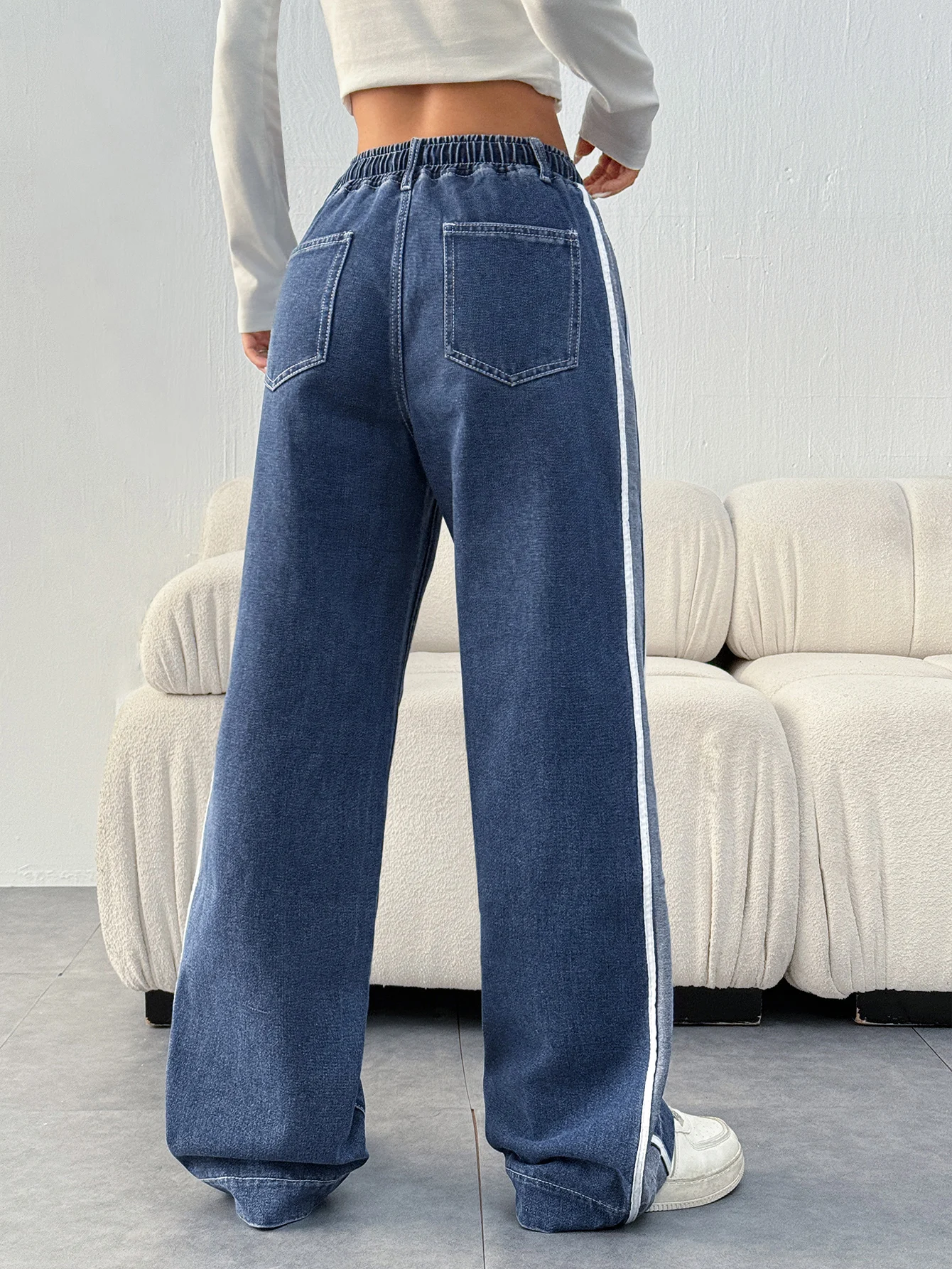 Jeans femininos estilo casual solto com cordão na cintura e bolsos inclinados, jeans patchwork colorido, lavável à máquina