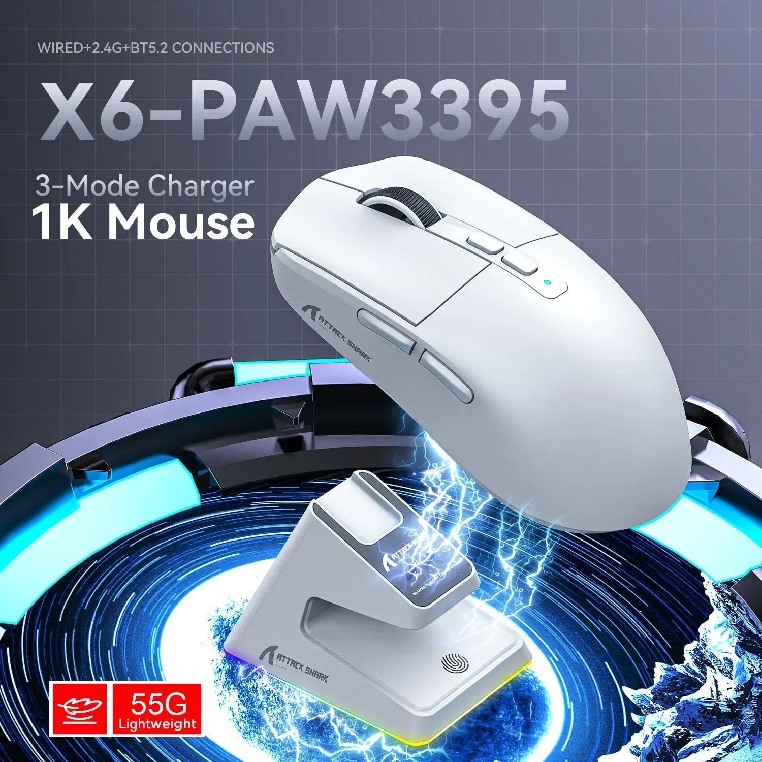 هجوم القرش x6 ماوس بلوتوث ، بكسل الفن paw3395 ، اتصال ثلاثي الوضع ، rgb اللمس ، قاعدة الشحن المغناطيسي ، ماكرو الألعاب