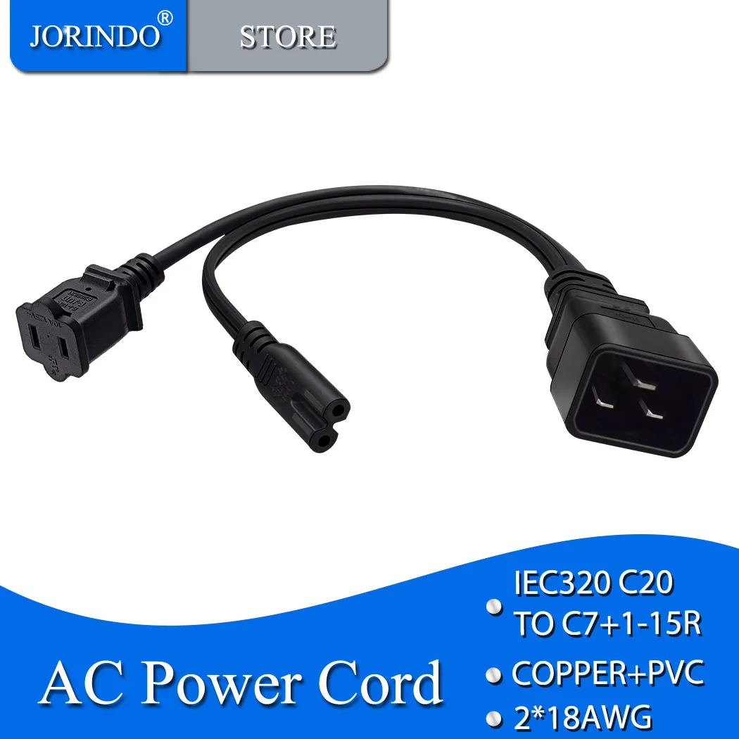 JORINDO IEC320 C20 to C7+Nema 1-15R AC power cord,16A C20 3 Pin male to Figure 8+American standard 2-holes socket power adapter