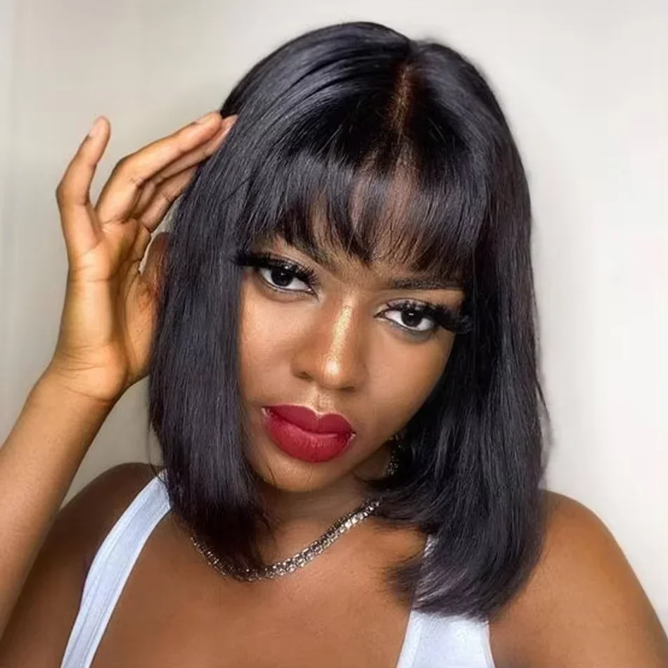 Wiggogo 3X1 Middle Part Lace Wig Bob Wigs Full Machine Made Bone Straight Human Hair Wigs With Bangs Short Bob Human Hair Wigs